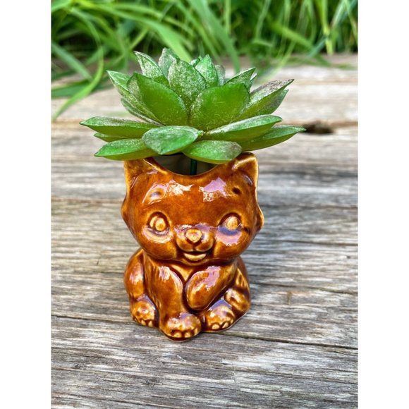 Vintage Cute Little Cat Kitten KItty Planter Vase Brown Ceramic - Picture 1 of 11